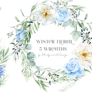 Imágenes prediseñadas de acuarela de flores de invierno, corona de acuarela de rosas blancas y azules, imágenes prediseñadas de flores de acuarela, imágenes prediseñadas florales, vegetación de invierno png