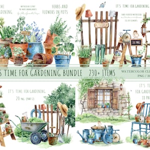 Aquarel tuinieren clipart bundel, lente clipart, tuin clipart, potplanten illustraties, kruiden, aquarel tuingereedschap, boerderij
