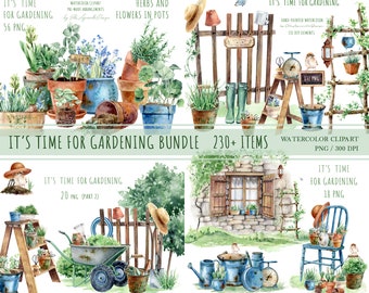 Watercolor gardening clipart bundle, spring clipart, garden clipart, potted plants clip art, herbs, watercolour garden tools, farmhouse