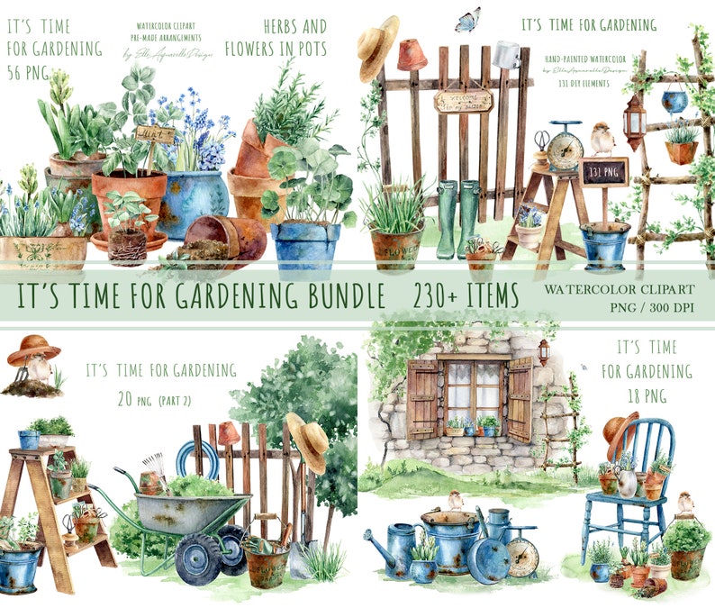 Watercolor Garden Clipart Bundle Spring Png Gardening - Etsy