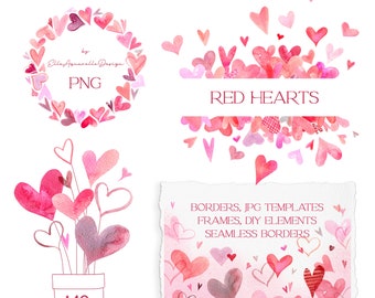 Red hearts clipart, watercolor Valentine png, Valentine's day clipart, seamless border, heart frame, watercolour heart border