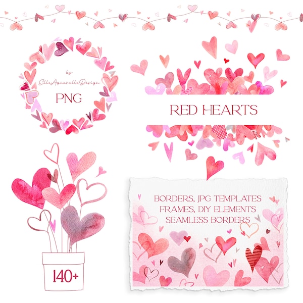 Red hearts clipart, watercolor Valentine png, Valentine's day clipart, seamless border, heart frame, watercolour heart border