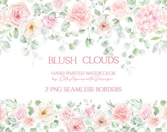 May include: Two seamless watercolor borders featuring pink roses, eucalyptus leaves, and hydrangeas. The borders are labeled "Blush Clouds Hand-Painted Watercolor by Elfie Aquarelle Design 2 PNG Seamless Borders".