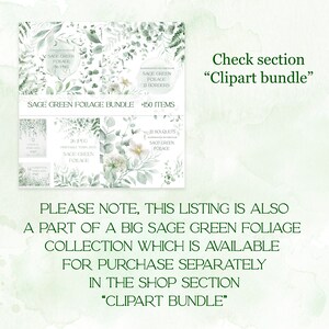 May include: Sage green foliage bundle with 150 items, including 86 PNG files, 13 borders, 26 printable templates, and 32 bouquets. The image features watercolor illustrations of sage green leaves and white flowers. The text "Check section "Clipart bundle"" is visible at the top right corner of the image.