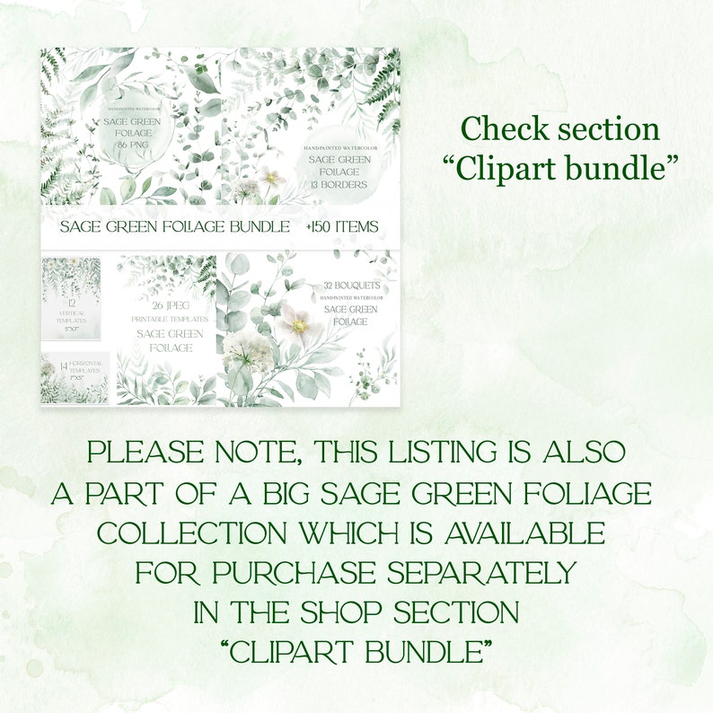 May include: Sage green foliage bundle with 150 items, including 86 PNG files, 13 borders, 26 printable templates, and 32 bouquets. The image features watercolor illustrations of sage green leaves and white flowers. The text "Check section "Clipart bundle"" is visible at the top right corner of the image.