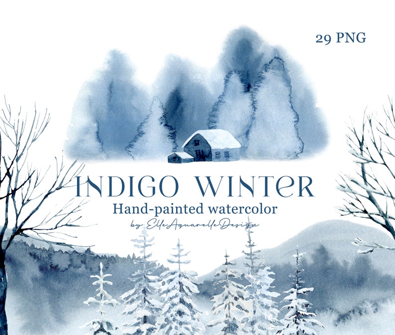 May include: Indigo Winter watercolor clipart set of 29 PNG files. The set includes a snowy forest scene with a small house, trees, and hills. The colors are shades of blue and white.