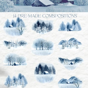 May include: 14 pre-made watercolor illustrations of winter scenes featuring snowy trees, houses, and mountains. The illustrations are in shades of blue and white, creating a serene and peaceful atmosphere.