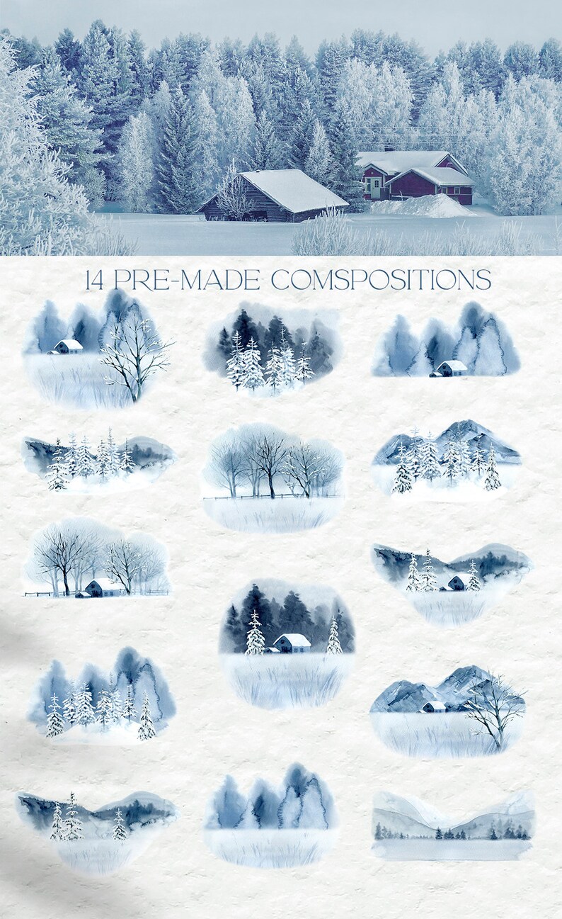 May include: 14 pre-made watercolor illustrations of winter scenes featuring snowy trees, houses, and mountains. The illustrations are in shades of blue and white, creating a serene and peaceful atmosphere.