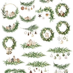 May include: 27 watercolor illustrations of Christmas wreaths, garlands, and other holiday decorations. The illustrations feature pine branches, berries, stars, lights, and other festive elements. The illustrations are on a transparent background.