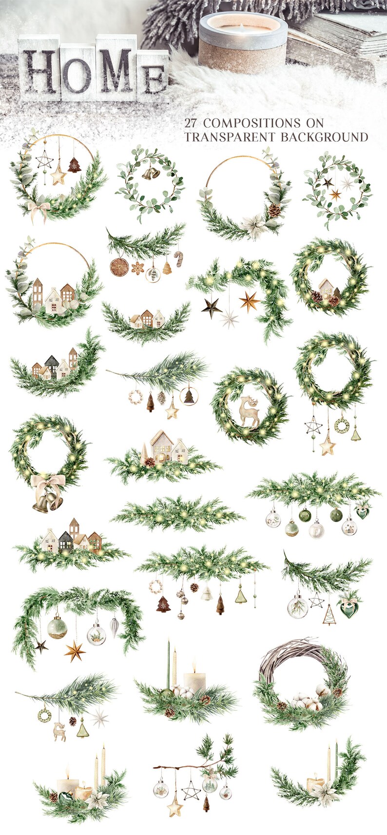 May include: 27 watercolor illustrations of Christmas wreaths, garlands, and other holiday decorations. The illustrations feature pine branches, berries, stars, lights, and other festive elements. The illustrations are on a transparent background.