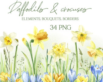 Spring flowers clipart, spring clipart, daffodil png, crocus, watercolor floral border, yellow flowers clip art, free commercial use