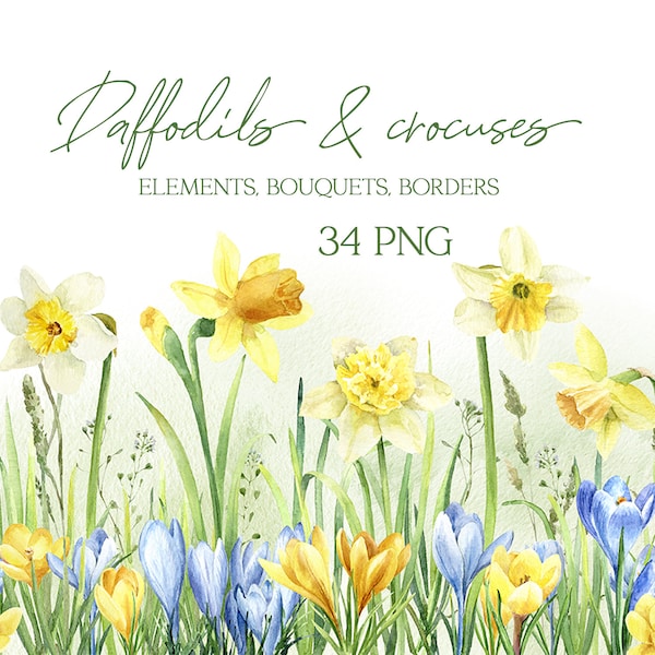 Frühlings Blumen Clipart, Frühlings Clipart, Narzisse png, Krokus, Aquarell Blumenrand, gelbe Blumen Clip Art, freie kommerzielle Nutzung