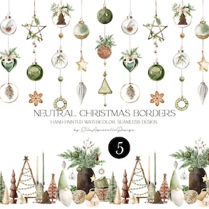 Clipart de borda de Natal em aquarela, clipart de Natal neutro, enfeites de Natal boho png, clipart de aquarela de borda perfeita