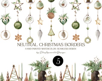 Watercolor Christmas border clipart, neutral Christmas clipart, boho Christmas ornaments png, seamless border watercolour clip art