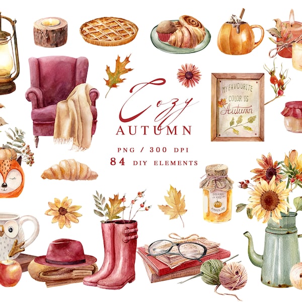 Watercolor autumn clipart, cozy autumn watercolor, fall png, pumpkin, sunflowers clip art, digital, clipart for stickers, fall sublimation