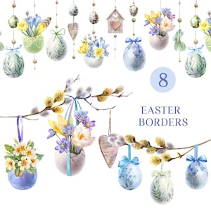 Clipart di confine di Pasqua ad acquerello png, clipart di uova di Pasqua, ghirlanda senza soluzione di continuità ad acquerello, download digitale di immagini grafiche primaverili