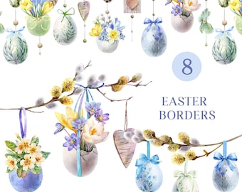 Watercolor Easter border clipart png, Easter eggs clip art, watercolour seamless garland, spring graphic image digital download