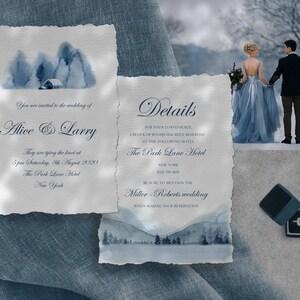 May include: A wedding invitation with a watercolor illustration of a snowy landscape. The invitation is for Alice and Larry's wedding, which will take place on August 8th, 2020 at The Park Lane Hotel in New York.