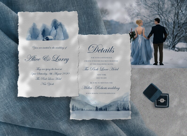 May include: A wedding invitation with a watercolor illustration of a snowy landscape. The invitation is for Alice and Larry's wedding, which will take place on August 8th, 2020 at The Park Lane Hotel in New York.