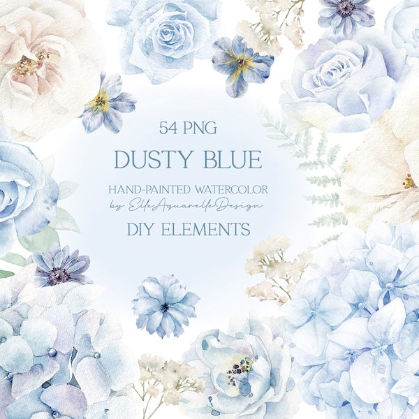 Dusty blue floral clipart, dusty blue flowers watercolor clipart, blue roses png, watercolor flowers clipart, DIY elements, wedding clip art