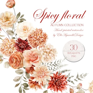 Aquarell Blumen Clipart, Herbstblumen Aquarell, Herbststrauß, Terrakotta Boho Hochzeit, Herbstblumen, Hortensie, Blumen Clipart
