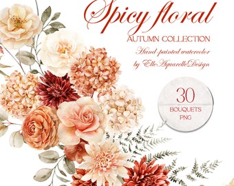 May include: A watercolor illustration of a bouquet of autumn flowers in shades of orange, red, and white. The flowers include roses, hydrangeas, and dahlias. The text "Spicy floral AUTUMN COLLECTION Hand-painted watercolor by Elle Aquarelle Design 30 BOUQUETS PNG" is visible in the image.