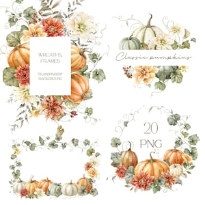 Aquarel pompoen clipart, oranje pompoenen frame, herfstkrans, aquarel herfst frame illustraties, gratis commercieel gebruik, bloemenpompoenen