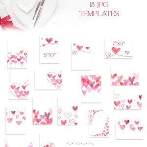 Puede incluir: 18 dise&ntilde;os de corazones de acuarela en formato JPG. Los dise&ntilde;os presentan corazones rosas y rojos en varios arreglos, incluyendo corazones en cuerdas, corazones en un ramo y corazones en forma de coraz&oacute;n. Los dise&ntilde;os son perfectos para crear tarjetas del D&iacute;a de San Valent&iacute;n, invitaciones u otras manualidades.