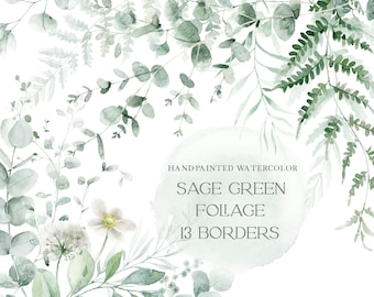 Greenery watercolor clipart, greenery border, watercolor eucalyptus, greenery png, fern, botanical wedding clipart, sage green leaves png