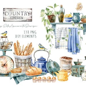 Imágenes prediseñadas de cocina en acuarela, imágenes prediseñadas de cocina rústica, imágenes prediseñadas de ollas de cocina, granja, herramientas de madera, cocina, repostería, creador de escenas