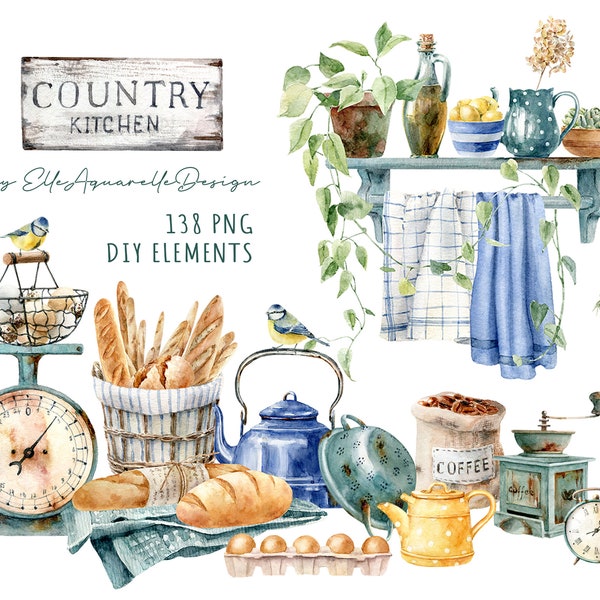 Watercolor kitchen clipart, country kitchen clipart, kitchen pots png clip art, farmhouse, wood tools, cooking, baking, scene creator