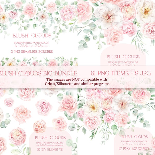 Watercolor floral border, blush pink roses clipart, dusty pink wedding clip art, watercolor flowers clipart, digital borders, peachy floral