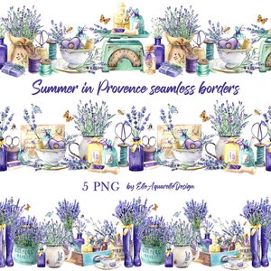 Aquarela provençal lavanda bordas perfeitas clipart padrão perfeito aquarela pintada à mão para design de fita washi download instantâneo