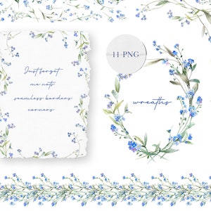 Clipart, clipart, aquarelle florale, bordure florale de myosotis, guirlande florale transparente, cadre, fleurs bleues, faire-part de mariage
