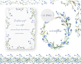 Forget me not clipart, forget me not png, watercolor floral border, flower wreath, seamless pattern, frame, blue flowers, wedding invitation