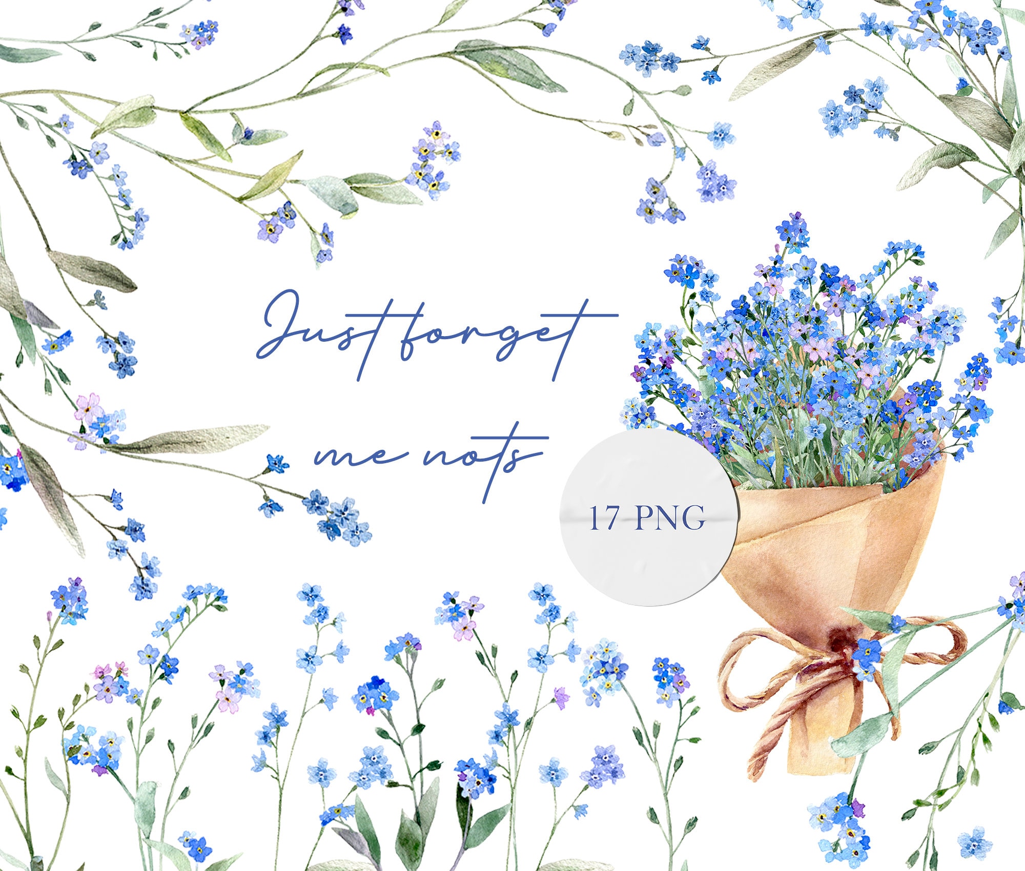 Forget-Me-Not Watercolor Clipart PNG Set – Blue Floral Bouquets & Arrangements, Transparent PNGs, Digital Download