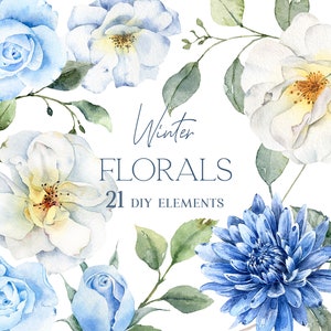 Aquarell Rosen, Clipart, Blumen Clipart, Rosen png, weiß geblümt, blaue Blumen, Hochzeit Clipart, digital, kommerzielle Nutzung, von Hand bemalt
