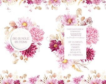 Peut inclure: Un ensemble d'illustrations aquarelle représentant des chrysanthèmes roses et bordeaux, des hortensias et des feuilles d'eucalyptus. L'ensemble comprend 105 éléments, dont des bordures, des cadres, des couronnes, des bouquets et des modèles JPG. Le texte "Chrysanthemum Symphony" et "Big Bundle 105 Items" est inclus dans l'image.