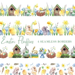 Könnte beinhalten: Vier nahtlose Aquarell-Ränder mit Osterhasen, Küken, Vogelhäusern, Nestern, Eiern und Frühlingsblumen. Die Ränder sind perfekt, um Ihren Bastelarbeiten und Designs einen Hauch von Frühling zu verleihen.