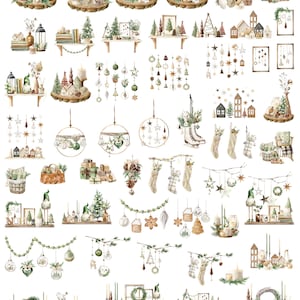 May include: A set of 59 watercolor illustrations featuring a variety of Christmas and winter holiday themes. The illustrations include wreaths, garlands, ornaments, candles, fireplaces, trees, and other festive elements. The illustrations are perfect for creating cards, invitations, scrapbook pages, and other craft projects.