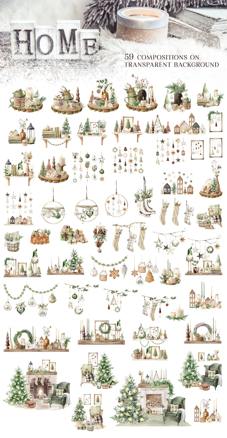 May include: A set of 59 watercolor illustrations featuring a variety of Christmas and winter holiday themes. The illustrations include wreaths, garlands, ornaments, candles, fireplaces, trees, and other festive elements. The illustrations are perfect for creating cards, invitations, scrapbook pages, and other craft projects.