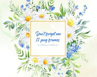 Hand painted watercolor white blue floral frame clipart daisies and forget me not digital frames for rustic wedding invitation card making