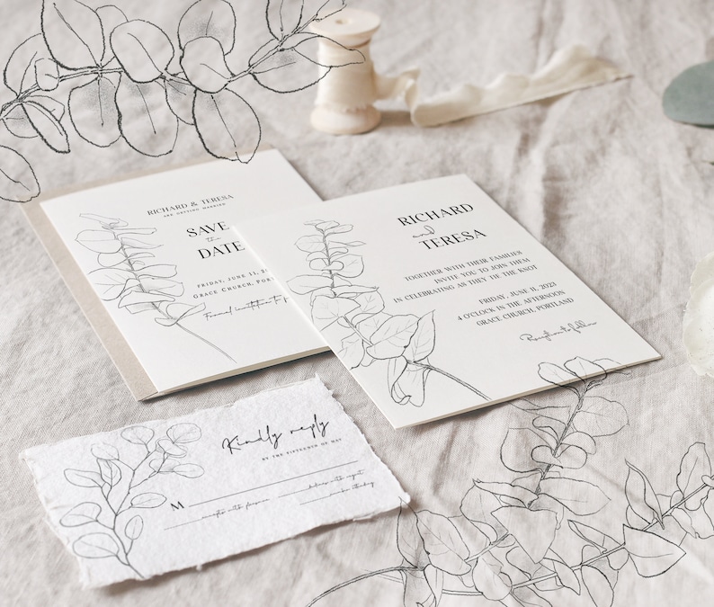 May include: A set of wedding stationery with a simple, elegant design. The cards feature a black and white illustration of eucalyptus leaves and the text "Save the Date" and "Richard and Teresa".