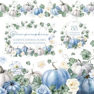 Clipart citrouille aquarelle, citrouilles bleues png, clipart cadres aquarelle, couronne, bordure numérique transparente, usage commercial gratuit