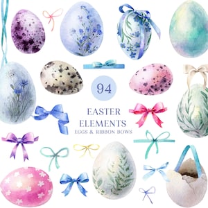 Imágenes prediseñadas de huevos de Pascua en acuarela, imágenes prediseñadas de huevos azules, lazos de cinta de acuarela, elementos separados, descarga digital de imágenes gráficas de Pascua