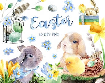 Watercolor Easter clipart, spring clip art, Easter clipart, bunny, spring flowers png, Easter rabbit, DIY elements, watercolour, sublimation