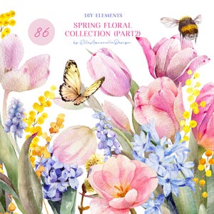 Clipart fleur de printemps aquarelle, clipart tulipe, clipart printemps, fleurs roses aquarelles, graphiques floraux pour la fête des mères, éléments individuels