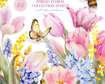 Watercolor spring flower clipart, tulip clip art, spring clipart, watercolor pink flowers, mothers day floral graphics, individual elements