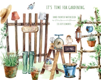 Watercolor gardening clipart, rustic farmhouse clip art, garden tools png, potted plants and herbs png
