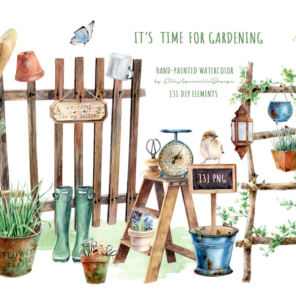 Watercolor gardening clipart, rustic farmhouse clip art, garden tools png, potted plants and herbs png
